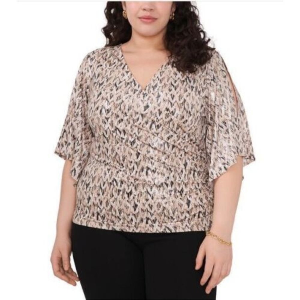 MSK Women Womens Glitter Faux Wrap V-Neck Ruched Pullover Top Plus 1X 2X Beige